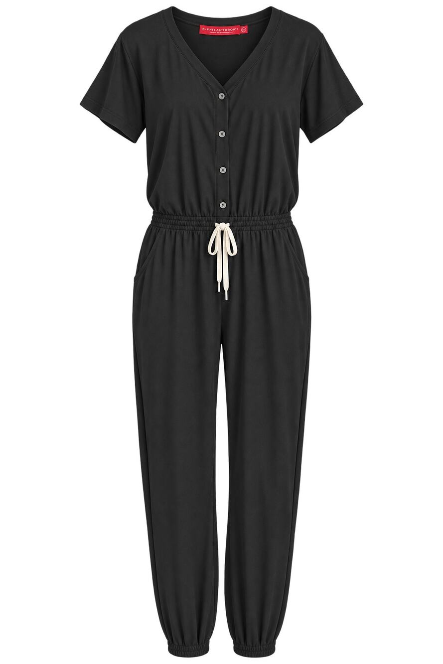 Philanthropy Black Cotton Jumpsuit Womens XL V-Neck Button Drawstring Waist NWT
